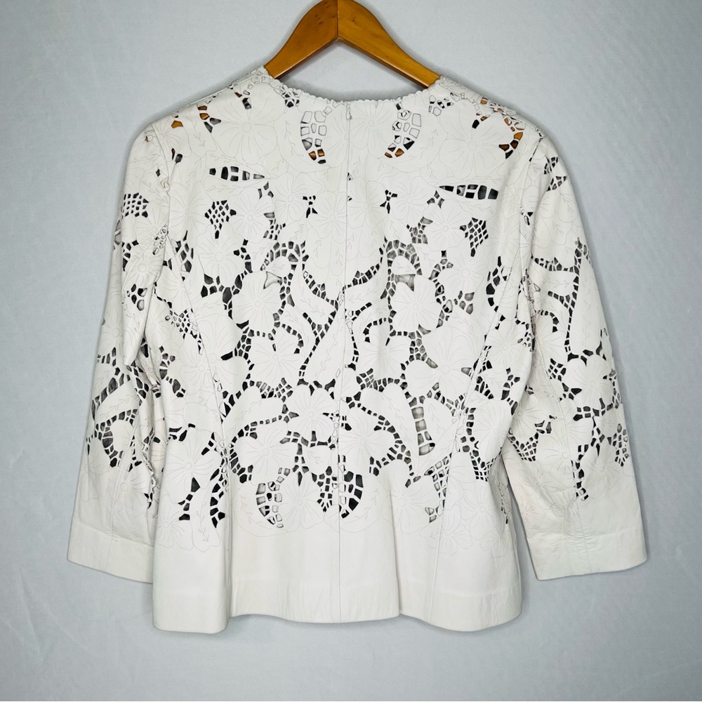 Anne Klein White Laser-Cut Floral Leather Jacket - Picture 4 of 11
